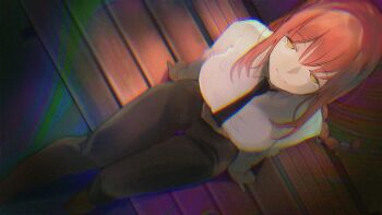 1girl black_necktie black_pants braid breasts chainsaw_man chromatic_aberration closed_mouth collared_shirt commentary dress_shirt from_above hand_rest heavy_chromatic_aberration highres hito_(maruhito) large_breasts long_hair long_sidelocks long_sleeves looking_at_viewer low_twin_braids makima_(chainsaw_man) necktie on_bench orange_hair pants ringed_eyes shirt sidelocks sitting smile solo symbol-only_commentary thigh_gap twin_braids white_shirt yellow_eyes