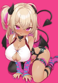 1girl :3 blonde_hair blush boots breasts button_gap choker cleavage colored_inner_hair dark-skinned_female dark_skin demon_girl demon_tail demon_wings earrings eyeshadow gyaru hair_between_eyes horns jewelry large_breasts licking_lips makeup micro_shorts msp_sammy multicolored_hair oppai_loli original pink_background pink_eyes pink_hair pointy_ears pubic_tattoo shirt shorts shortstack simple_background single_thighhigh sleeveless sleeveless_shirt smile solo tail tattoo thigh_strap thighhighs tongue tongue_out two-tone_hair wings