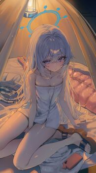 1girl absurdres bare_shoulders between_legs black_sandals blue_archive breasts cellphone closed_mouth hair_between_eyes halo hand_between_legs highres kerno long_hair looking_at_viewer miyako_(blue_archive) naked_towel phone sandals skirt smartphone solo sweat thighs towel unworn_skirt white_hair