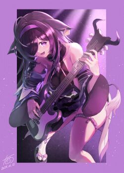 1girl absurdres ahoge animal_ears animal_print bare_shoulders bass_guitar belt_collar black_background black_collar black_hair black_sandals blush border braid breasts cleavage_cutout clothing_cutout collar colored_inner_hair cow_ears cow_girl cow_print cow_tail dated detached_sleeves ear_tag foot_out_of_frame hair_over_one_eye hairband highres holding holding_bass_guitar holding_instrument instrument japanese_clothes juunishi_aya kimono large_breasts leaning_forward light_particles long_hair long_sleeves looking_at_viewer mole mole_under_eye multicolored_hair music nijisanji okobo one_eye_covered open_mouth outside_border parted_bangs pink_ribbon platform_sandals playing_bass_guitar playing_instrument print_kimono purple_border purple_eyes purple_hair purple_hairband purple_sleeves ribbon ribbon-trimmed_sleeves ribbon_trim sandals see-through_cleavage see-through_clothes side_braid side_slit sidelighting sidelocks signature single_braid smile socks solo standing streaked_hair tabi tail tassel thigh_strap virtual_youtuber white_socks wide_sleeves yagyu_shino