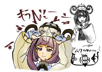 1girl :o absurdres blue_gloves blunt_bangs bob_cut chandelure closed_mouth coat covering_own_mouth doodle_inset eyelashes gen_5_pokemon gloves gwynn_(pokemon) hand_over_own_mouth hat highres june07i long_sleeves looking_at_viewer multiple_views nintendo open_mouth partially_fingerless_gloves pokemon pokemon_(creature) pokemon_legends:_z-a purple_eyes purple_hair short_hair sketch_inset translation_request upper_body white_background white_coat