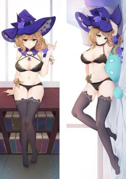 1girl arm_up armpits bed_sheet black_bra black_panties black_thighhighs bra breasts brown_hair cameltoe cleavage closed_mouth dakimakura_(medium) from_side genshin_impact gluteal_fold green_eyes hair_between_eyes hat large_breasts lisa_(genshin_impact) long_hair looking_at_viewer lying moeanime navel on_back on_side panties parted_lips purple_hat sideboob sitting smile solo split_screen thigh_gap thighhighs underwear underwear_only witch_hat
