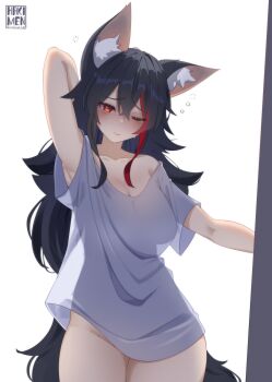1girl absurdly_long_hair absurdres alternate_costume animal_ear_fluff animal_ears bags_under_eyes black_hair blush bottomless braid breasts cleavage commentary convenient_censoring cowboy_shot crossed_bangs curvy double-parted_bangs english_commentary hair_between_eyes hakimen half_up_braid highres hololive large_breasts long_hair looking_at_viewer multicolored_hair naked_shirt no_bra one_eye_closed ookami_mio red_eyes red_hair scratching_head see-through_silhouette shirt sidelocks signature solo squeans streaked_hair t-shirt thick_thighs thighs twitter_username very_long_hair virtual_youtuber waking_up white_shirt wolf_ears wolf_girl