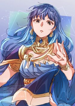 1girl alternate_costume armlet bare_shoulders blue_dress blue_hair bracelet braid breasts brown_eyes choker_jewel crown_braid dancer dancer_(fire_emblem:_three_houses) dress earrings fire_emblem fire_emblem:_three_houses fire_emblem_heroes gem highres jewelry long_hair looking_at_viewer marianne_von_edmund marianne_von_edmund_(serene_adherent) marianne_von_edmund_(timeskip) medium_breasts nintendo official_alternate_costume official_alternate_hairstyle open_mouth single-shoulder_dress solo upper_body very_long_hair yutohiroya