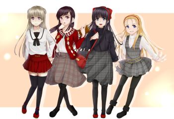 Rule 34 | 4girls, alternate costume, alternate legwear, armored warriors, bad id, bad pixiv id, bag, bakumatsu rouman, black legwear, blonde hair, blue eyes, book, capcom, capcom fighting jam, contemporary, crossover, cyberbots, devilot de deathsatan ix, hair slicked back, hairband, hairpods, handbag, ingrid (capcom), mary janes, multiple girls, nakoruru, okaga, pantyhose, purple eyes, purple hair, samurai spirits, shoes, snk, takane hibiki, thighhighs, zettai ryouiki