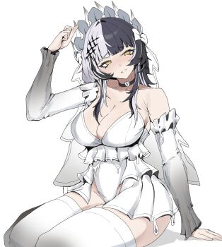 1girl absurdres alternate_costume black_choker black_hair breasts choker detached_sleeves gradient_sleeves grey_hair grey_sleeves highres hololive hololive_english large_breasts leotard multicolored_hair shiori_novella simple_background sio4_4 solo split-color_hair thighhighs two-tone_hair virtual_youtuber white_background white_headdress white_leotard white_sleeves white_thighhighs yellow_eyes