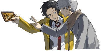 2boys absurdres adachi_tooru black_eyes black_hair brown_scarf chengmingraven coat collared_shirt commentary grey_hair grey_jacket highres holding holding_picture_frame jacket long_sleeves male_focus multiple_boys narukami_yu necktie outstretched_arm parted_lips persona persona_4 photo_(object) picture_frame red_necktie scarf screenshot_inset shirt short_hair simple_background sweatdrop upper_body white_background yellow_coat