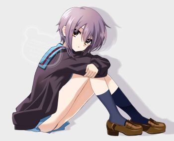 Rule 34 | 1girl, black cardigan, black socks, brown eyes, brown shoes, cardigan, full body, kita high school uniform, kuuma25 kuma, loafers, long hair, long sleeves, looking to the side, nagato yuki, purple hair, school uniform, serafuku, shoes, short hair, sitting, socks, solo, suzumiya haruhi no yuuutsu, very long hair, watermark, winter uniform