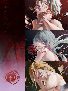 1girl 2boys absurdres adam's_apple black_feathers blonde_hair breasts burning burning_paper card chigusa7h colored_inner_hair commentary_request crazy_smile cristoforo_(wuthering_waves) cross cross_earrings earrings english_text evil_grin evil_smile feathers fingernails floating_hair flower fractsidus_(wuthering_waves) from_side green_eyes grey_hair grin hand_on_own_face hand_on_own_neck hand_on_own_shoulder highres implied_nudity jewelry long_hair looking_at_viewer looking_to_the_side male_focus mouth_hold multicolored_hair multiple_boys nail_polish nude open_mouth petals phrolova_(wuthering_waves) pink_nails playing_card portrait red_flower red_hair red_petals scar_(wuthering_waves) short_hair sideways small_breasts smile spider_lily tacet_mark_(wuthering_waves) teeth tongue tongue_out upper_body white_eyes wuthering_waves yellow_eyes