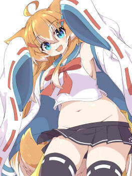Rule 34 | 1girl, ahoge, animal ear fluff, animal ears, aqua eyes, arms up, belly, black skirt, black thighhighs, blue sailor collar, bow, bowtie, breasts, cowboy shot, cropped shirt, fang, groin, hair between eyes, hair ornament, hairclip, highres, jacket, jacket partially removed, large breasts, light blush, long hair, looking at viewer, miniskirt, multicolored hair, navel, no panties, open clothes, open jacket, open mouth, orange hair, original, pleated skirt, red bow, red bowtie, red ribbon, ribbon, ribbon-trimmed sleeves, ribbon-trimmed thighhighs, ribbon trim, sailor collar, shirt, side slit, sidelocks, simple background, skin fang, skindentation, skirt, sleeveless, sleeveless shirt, sleeves past fingers, sleeves past wrists, smile, solo, tail, thighhighs, toramaru2001710, two-tone hair, very long hair, white background, white hair, white jacket, white shirt, wide sleeves, x hair ornament, zettai ryouiki