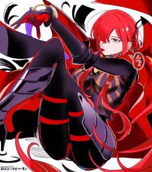 Rule 34 | 1girl, black bodysuit, bodysuit, breasts, commentary request, fate/grand order, fate (series), hair over one eye, highres, kuriimu0203, large breasts, long hair, oda nobunaga (fate), oda nobunaga (maou avenger) (fate), red eyes, red hair, sitting, solo, tongue, tongue out