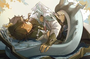 1boy absurdres arm_guards asymmetrical_clothes black_hair closed_mouth commentary dan_heng_(honkai:_star_rail) dan_heng_(permansor_terrae)_(honkai:_star_rail) dragon_horns dragon_tail hand_on_own_tail highres honkai:_star_rail honkai_(series) horns long_sleeves lying male_focus on_side parted_bangs ponytail sleeping solo symbol-only_commentary tail viaegarden yellow_horns