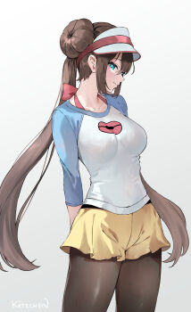 1girl arms_behind_back black_pantyhose blue_eyes blush breasts brown_hair closed_mouth commentary donut_hair_bun double_bun hair_bun hat highres kaetzchen large_breasts long_hair looking_at_viewer nintendo pantyhose pantyhose_under_shorts poke_ball_print pokemon pokemon_black_and_white raglan_sleeves rosa_(pokemon) shirt shorts smile solo standing twintails visor_cap yellow_shorts