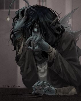 1boy anglerfish_boy back_fin bags_under_eyes bandaged_arm bandages black_hair blue_eyes catnip_cataria crying crying_with_eyes_open elbow_rest empty_eyes extra_arms fingernails fins hair_over_one_eye hand_on_own_head head_fins highres leaning_forward long_fingernails male_focus messy_hair pressure_(roblox) sebastian_solace shirt solo table tears upper_body white_shirt