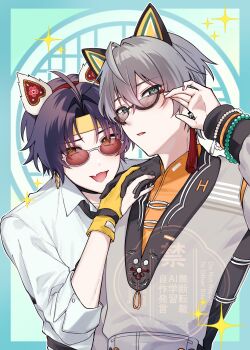 2boys adjusting_eyewear animal_ear_hairband animal_ears asaba_harumasa asymmetrical_gloves bead_bracelet beads black_gloves black_hair black_necktie bracelet cat_ear_hairband cat_ears chinese_clothes commentary_request crossed_bangs earrings fake_animal_ears fang gloves green_background green_eyes grey_hair grey_jacket hair_between_eyes hairband hand_on_another's_shoulder hand_up headband highres inainai_17 interlocked_fingers jacket jewelry male_focus mismatched_gloves multiple_boys necktie official_alternate_costume open_mouth own_hands_together parted_bangs partially_fingerless_gloves shirt short_hair skin_fang sparkle sunglasses tassel tassel_earrings uneven_gloves white_shirt wise_(soaring_crane)_(zenless_zone_zero) wise_(zenless_zone_zero) yellow_eyes yellow_gloves yellow_headband zenless_zone_zero