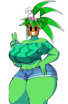 1girl bare_shoulders black_eyes blaster_master_zero blaster_master_zero_2 blush breasts collarbone colored_skin cowboy_shot curvy denim denim_shorts eyelashes female_focus flower food_print gerard_burn green_hair green_skin hand_on_own_hip highres huge_breasts kanna_(blaster_master_zero) looking_at_viewer midriff monster_girl navel no_humans pink_flower plant_girl pot shiny_skin shorts simple_background smile solo thick_thighs thighhighs thighs v watermelon_print white_background white_flower wide_hips