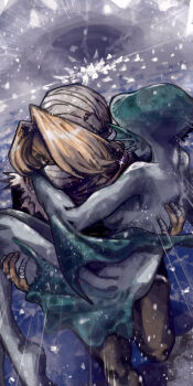 Rule 34 | 2girls, absurdres, arm fins, bandaged head, bandages, blonde hair, carrying, covered mouth, fins, fish girl, gus uur, hair over one eye, head fins, highres, ice, multiple girls, nintendo, princess carry, princess ruto, red eyes, reverse trap, sheik, the legend of zelda, the legend of zelda: ocarina of time