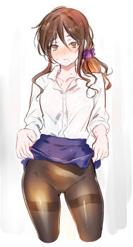 Rule 34 | 1girl, abstract background, blue skirt, blush, brown eyes, brown hair, brown pantyhose, clothes lift, collarbone, collared shirt, dainatsu, dress shirt, grey background, hair between eyes, hair over shoulder, hair ribbon, highres, long hair, long sleeves, looking at viewer, low ponytail, mature female, miniskirt, mole, mole under mouth, noel (tsukihime), panties, pantyhose, pencil skirt, ponytail, purple ribbon, ribbon, shirt, sidelocks, skirt, skirt hold, skirt lift, sleeves rolled up, solo, sweat, sweatdrop, thighs, tsukihime, tsukihime (remake), underwear, wavy hair, white background, white shirt