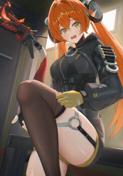 1girl absurdres adjusting_clothes adjusting_legwear asymmetrical_gloves black_thighhighs dragon_girl dragon_horns dragon_tail fingerless_gloves gloves gonza3_v green_eyes hair_between_eyes highres horns indoors knee_up long_hair long_sleeves looking_at_viewer magus_(zenless_zone_zero) mechanical_horns mechanical_tail mismatched_gloves open_mouth orange_hair orange_pupils orphie_magnusson pointy_ears solo standing tail thighhighs twintails yellow_gloves zenless_zone_zero