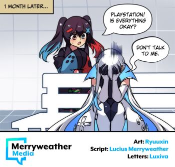 2girls artist_name blue_hair colored_inner_hair elbow_gloves gloom_(expression) gloves highres long_hair merryweather multicolored_hair multiple_girls nintendo_switch_(personification) open_mouth original ps5_chan sony speech_bubble two-tone_hair white_hair