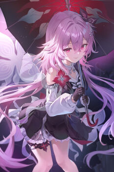 1girl absurdres buttons chain collar dress evernight_(honkai:_star_rail) evey_(honkai:_star_rail) flower frills gem gloves greenapple hair_between_eyes hair_flower hair_ornament hairclip highres holding holding_umbrella honkai:_star_rail honkai_(series) jewelry layered_dress long_hair long_sleeves march_7th_(honkai:_star_rail) mixed-language_commentary parallel_hairclips pink_hair red_eyes red_gemstone ring single_bare_shoulder smile thigh_strap umbrella very_long_hair
