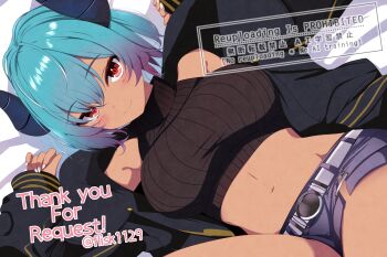 1girl aqua_hair bare_shoulders bed_sheet belt black_jacket black_shirt blush breasts closed_mouth commentary_request commission crop_top demon_horns furisuku_(gerbera) gradient_hair grey_shorts highres horns jacket large_breasts long_sleeves looking_at_viewer lying midriff multicolored_hair nail_polish navel on_back open_clothes open_jacket original red_eyes ribbed_shirt shirt short_hair short_shorts shorts skeb_commission sleeveless sleeveless_shirt sleeveless_turtleneck smile solo stomach taut_clothes taut_shirt thighs turtleneck white_nails