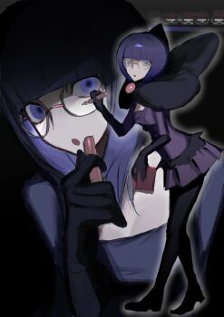 1girl blunt_bangs bob_cut book bow breasts cleavage commentary_request elbow_gloves glasses gloves highres holding holding_book holding_pen large_bow low-cut medium_breasts neck_pillow nintendo pantyhose pen pokemon pokemon_bw purple_eyes purple_hair purple_skirt qap0005 rimless_eyewear round_eyewear shauntal_(pokemon) short_hair skirt