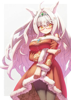 ahoge animal_ears bare_shoulders biwa_hayahide_(rouge_caroler)_(umamusume) biwa_hayahide_(umamusume) black_pantyhose blush breasts closed_mouth commentary_request creape dress fur-trimmed_dress fur_trim gem glasses green_gem grey_hair highres horse_ears horse_girl large_breasts long_hair long_sleeves looking_at_viewer off-shoulder_dress off_shoulder official_alternate_costume pantyhose red-framed_eyewear red_dress semi-rimless_eyewear smile tail tiara umamusume under-rim_eyewear white_hair yellow_eyes