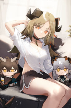 1girl absurdres arknights arm_behind_head arm_up black_choker black_shorts blonde_hair breasts brown_horns buttons choker cleavage closed_mouth collarbone collared_shirt commentary cowboy_shot dolphin_shorts ema_(kuguiema) fumo_(doll) highres horns ifrit_(arknights) indoors light_particles long_hair looking_at_viewer medium_breasts open_collar orange_eyes saria_(arknights) shirt short_sleeves shorts silence_(arknights) sitting solo