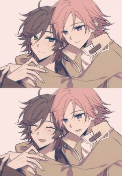 Rule 34 | 2boys, ^ ^, absurdres, brown hair, brown jacket, chinese commentary, closed eyes, closed mouth, commentary request, ensemble stars!, eyes visible through hair, green eyes, hair between eyes, highres, hug, iro (kakerairo), jacket, long sleeves, male focus, mikejima madara, multiple boys, open clothes, open jacket, open mouth, oukawa kohaku, pink hair, purple eyes, shirt, short hair, smile, white shirt, yaoi
