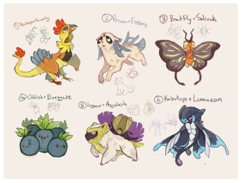 absurdres aegislash animal_focus archeops beautifly black_eyes border character_name claws closed_mouth exeggcute fang feebas full_body fusion gen_1_pokemon gen_3_pokemon gen_4_pokemon gen_5_pokemon gen_6_pokemon grey_background grey_eyes highres ivysaur kabutops kayveedee lumineon nintendo no_humans oddish persian_(pokemon) pink_eyes pokemon pokemon_(creature) running scar scar_on_face scrafty solrock white_border