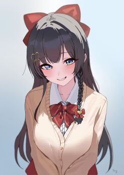 Rule 34 | 1girl, absurdres, arms at sides, artist name, black hair, blue eyes, blush, bow, bowtie, braid, cardigan, collared shirt, diagonal-striped bow, diagonal-striped bowtie, diagonal-striped clothes, gradient background, grey background, grin, hair bow, hair ornament, hashtag-only commentary, heart, heart hair ornament, highres, long hair, long sleeves, looking at viewer, multicolored eyes, red bow, red bowtie, shirayuki hina, shirt, smile, solo, stellive, striped bow, striped bowtie, striped clothes, tay (cdjk7758), two-tone eyes, upper body, virtual youtuber, white shirt, wing collar, yellow cardigan