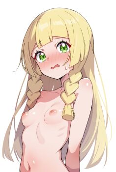 1girl blonde_hair blunt_bangs blush braid breasts embarrassed green_eyes highres kamidan lillie_(pokemon) loli long_hair navel nintendo nipples open_mouth pokemon pokemon_sm simple_background small_breasts solo twin_braids upper_body white_background