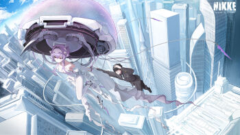 1boy 1girl absurdres armored_leotard breasts cho_gum city commander_(nikke) commentary_request copyright_name full_body goddess_of_victory:_nikke highres jellyfish_girl leotard liberalio_(nikke) official_art pantyhose purple_hair sleeves_past_fingers sleeves_past_wrists white_leotard white_pantyhose