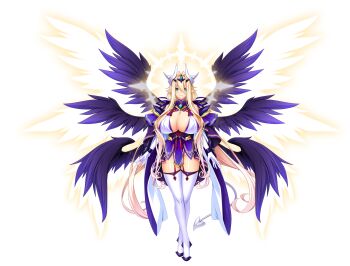 1girl angel angel_wings aqua_eyes blonde_hair blush breasts cleavage closed_mouth crown demon_girl demon_tail demon_wings elbow_gloves exs-souma feathered_wings full_body game_asset gloves green_eyes halo highres horns huge_breasts inoino katsuragi_shiori kouyoku_senki_exs-tia large_variant_set long_hair looking_at_viewer magical_girl multiple_wings non-web_source official_art oversized_wings pointy_ears self-datamine simple_background smile solo tachi-e tail thighhighs transparent_background variant_set very_long_hair white_gloves white_thighhighs wings