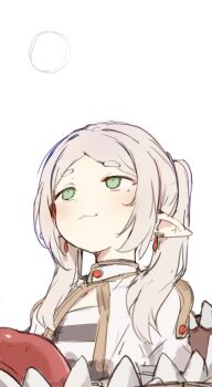 :3 blush elf frieren green_eyes grey_hair highres long_hair looking_up meme mimic mimic_chest orobou pointy_ears simple_background sousou_no_frieren twintails upper_body upward_angle_frieren_drawing_(meme) white_background