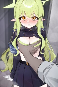 1boy 1girl absurdres armband belt belt_buckle black_belt black_jacket black_skirt blue_archive blue_armband blush bra breasts buckle closed_mouth clothes_lift dark-skinned_male dark_skin demon_tail dot_nose gloves grabbing_another&#039;s_breast green_bra green_hair green_halo groping hair_between_eyes halo heart heart_in_eye hetero highres hikari_(blue_archive) jacket jacket_lift ka_keo loli long_hair long_sidelocks long_sleeves looking_at_viewer pointy_ears pov pov_hands shirt sidelocks skirt sleeves_rolled_up small_breasts solo_focus split_mouth symbol_in_eye tail underwear v-shaped_eyebrows vaginal variant_set very_long_hair white_gloves white_shirt yellow_eyes