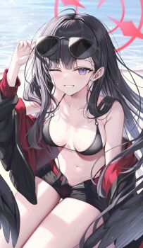 Rule 34 | 1girl, ;d, adjusting eyewear, beach, bikini, bikini bottom under shorts, bikini under clothes, black bikini, black hair, black jacket, black shorts, black wings, blue archive, breasts, cleavage, commentary, day, eyewear on head, feathered wings, grin, halo, halterneck, hand up, highleg, highleg bikini, highres, ichika (blue archive), ichika (swimsuit) (blue archive), jacket, jacket over swimsuit, jacket partially removed, long hair, looking at viewer, low wings, medium breasts, navel, o-ring, o-ring bikini, official alternate costume, one eye closed, open clothes, open fly, open jacket, open mouth, outdoors, purple eyes, red halo, rin yuu, short shorts, shorts, sidelocks, sitting, smile, solo, sunglasses, swimsuit, thigh gap, thigh strap, very long hair, wings