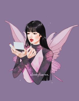 1girl applying_makeup asian black_eyes black_hair blackpink blunt_bangs choppy_bangs cosmetics cropped_torso dress eyelashes fairy_wings highres holding holding_lipstick_tube holding_mirror k-pop light_particles lipstick_tube lisa_(blackpink) long_hair looking_ahead makeup mirror mole mole_under_eye parted_lips pink_dress pink_wings purple_background red_lips shirt_under_dress thick_lips turtleneck twitter_username upper_body v-neck wings zeebythesea