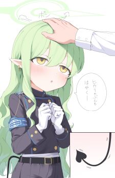 1boy 1girl absurdres armband belt blue_archive blue_armband buttons commentary demon_tail double-breasted gloves green_hair green_halo halo hand_on_another&#039;s_head headpat highres hikari_(blue_archive) long_hair long_sleeves own_hands_together parted_lips pita_goral pointy_ears sensei_(blue_archive) simple_background solo_focus sound_effects speech_bubble tail tareme translated upper_body upturned_eyes variant_set white_background white_gloves yellow_eyes
