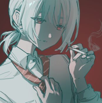 Rule 34 | 1boy, adjusting clothes, adjusting necktie, bug8, chinese commentary, cigarette, collared shirt, commentary request, dress shirt, highres, holding, holding cigarette, loose necktie, low ponytail, necktie, parted lips, ponytail, red background, red eyes, saihate eki, shirt, short hair, sidelocks, smoke, smoking, solo, tatsunami shion, white hair, white shirt