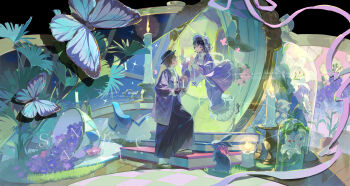 1boy 1girl absurdres black_hair black_hat blue_butterfly book brown_hair bug butterfly candle candlestand cup dress fire flower full_body glasses hat headdress highres insect jacket leaf lily_(flower) long_sleeves looking_at_another original pink_ribbon plate purple_dress purple_flower purple_jacket ribbon sandals short_hair socks standing star_(symbol) teacup white_flower white_socks yuuuzu_(jufan)