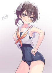 Rule 34 | 1girl, absurdres, black hair, black one-piece swimsuit, cowboy shot, crop top, gradient background, grey background, grey eyes, hands on own hips, headgear, highres, hizaka, i-41 (kancolle), kantai collection, leaning forward, low ponytail, neckerchief, old school swimsuit, one-hour drawing challenge, one-piece swimsuit, orange neckerchief, sailor collar, school swimsuit, shirt, short hair, sleeveless, sleeveless shirt, smile, solo, swimsuit, swimsuit under clothes, white background, white sailor collar, white shirt