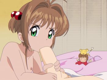 1boy 1girl animated animated_gif antenna_hair bed brown_hair cardcaptor_sakura closet fellatio flat_chest frown gradient_background green_eyes hair_bobbles hair_ornament handjob hetero indoors interior kero_(cardcaptor_sakura) kinomoto_sakura loli looking_at_viewer looping_animation nipples on_bed oral penis sadieyule short_hair solo_focus uncensored yellow_background