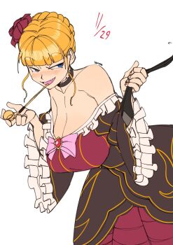 1girl 3amsoda artist_name bare_shoulders beatrice_(umineko) black_choker blonde_hair blue_eyes blunt_bangs blush bow braid breasts choker cleavage commentary crown_braid dated dress english_commentary fang flower frilled_dress frilled_sleeves frills hair_flower hair_ornament highres holding holding_necktie holding_smoking_pipe huge_breasts long_sleeves nose_blush open_mouth pink_bow short_hair sidelocks simple_background smile smoking_pipe smoking_pipe_in_mouth solo umineko_no_naku_koro_ni upper_body white_background wide_sleeves