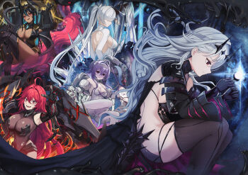 5girls absurdres ahoge arm_armor armor armored_bodysuit armored_leotard bandaged_head bandages black_armor black_crown black_dress black_gloves black_hair black_tiara blue_hair bodystocking bodysuit breasts cinderella_(nikke) cleavage closed_mouth clothing_cutout colored_inner_hair colored_skin covered_navel crown dark-skinned_female dark_skin detached_sleeves diadem dress frilled_skirt frills gimyogi gloves goddess_of_victory:_nikke grey_hair hair_between_eyes hair_over_one_eye headgear heretics_(nikke) highleg highres horns impossible_clothes impossible_jacket indivilia_(nikke) jacket large_breasts leg_cutout leotard leotard_peek liberalio_(nikke) long_hair long_sleeves looking_at_viewer mechanical_horns mechanical_tail modernia_(nikke) modernia_(second_affection)_(nikke) multicolored_hair multiple_girls nihilister_(nikke) official_alternate_costume one_eye_covered pantyhose purple_hair purple_leotard purple_skin red_eyes red_hair ribbon see-through_cleavage see-through_clothes sideless_dress sidelocks skirt smile solo tail tail_blade thighhighs tiara torn_bodystocking torn_clothes very_long_sleeves white_bodysuit white_pantyhose