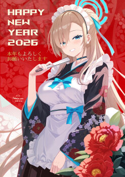 1girl 2026 absurdres apron asuna_(blue_archive) black_kimono blonde_hair blue_archive blue_bow blue_eyes blue_halo blush bow breasts choker commentary_request floral_print folding_fan grin hair_bun hair_over_one_eye hair_ribbon halo hand_fan happy_new_year highres japanese_clothes kimono large_breasts long_hair looking_at_viewer maid maid_apron maid_headdress natsumiya_yuzu new_year ribbon smile solo very_long_hair wa_maid
