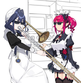 Rule 34 | 2girls, apron, black dress, black ribbon, black thighhighs, blue hair, blunt bangs, braid, brooch, chest bow, closed mouth, collared dress, commentary, dasdokter, double-parted bangs, double halo, dress, drill hair, earrings, embroidery, english commentary, fanged bangs, flower earrings, frilled apron, frilled dress, frilled hat, frills, garter straps, hair between eyes, hair intakes, hair over shoulder, hair ribbon, halo, hat, highres, hololive, hololive english, instrument, irys (hololive), irys (maid) (hololive), jewelry, juliet sleeves, kitchen, lace, lace-trimmed collar, lace-trimmed dress, lace trim, long dress, long hair, long sleeves, low twin braids, maid, maid apron, meme, mob cap, multiple girls, music, official alternate costume, official alternate hairstyle, ouro kronii, ouro kronii (maid), oven, playing instrument, pocket watch, pointy ears, puffy sleeves, puritan collar, purple hair, ribbon, short dress, short hair, sketch background, sleeve belt, star halo, sunglasses, thighhighs, trombone, twin braids, twin drills, v-shaped eyebrows, victorian maid, virtual youtuber, watch, when mama isn't home (meme), white apron, white hat