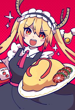 1girl black_dress commentary_request dragon_girl dragon_horns dress drink_carton food fried_egg highres holding holding_plate horns ketchup ketchup_bottle kobayashi-san_chi_no_maidragon maid maid_headdress milk_carton omelet omurice plate sharp_teeth slit_pupils solo teeth tohru_(maidragon) tomato twintails viletya