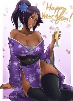 artist_name bare_shoulders black_thighhighs bleach border breasts collarbone cup dark-skinned_female dark_skin drinking_glass flower flower_on_head hair_flower hair_ornament happy_new_year highres holding_wine_glass ivizard_art93 japanese_clothes kimono large_breasts long_hair looking_at_viewer new_year parted_bangs ponytail purple_hair shihouin_yoruichi simple_background sitting thighhighs white_border wine_glass yellow_eyes